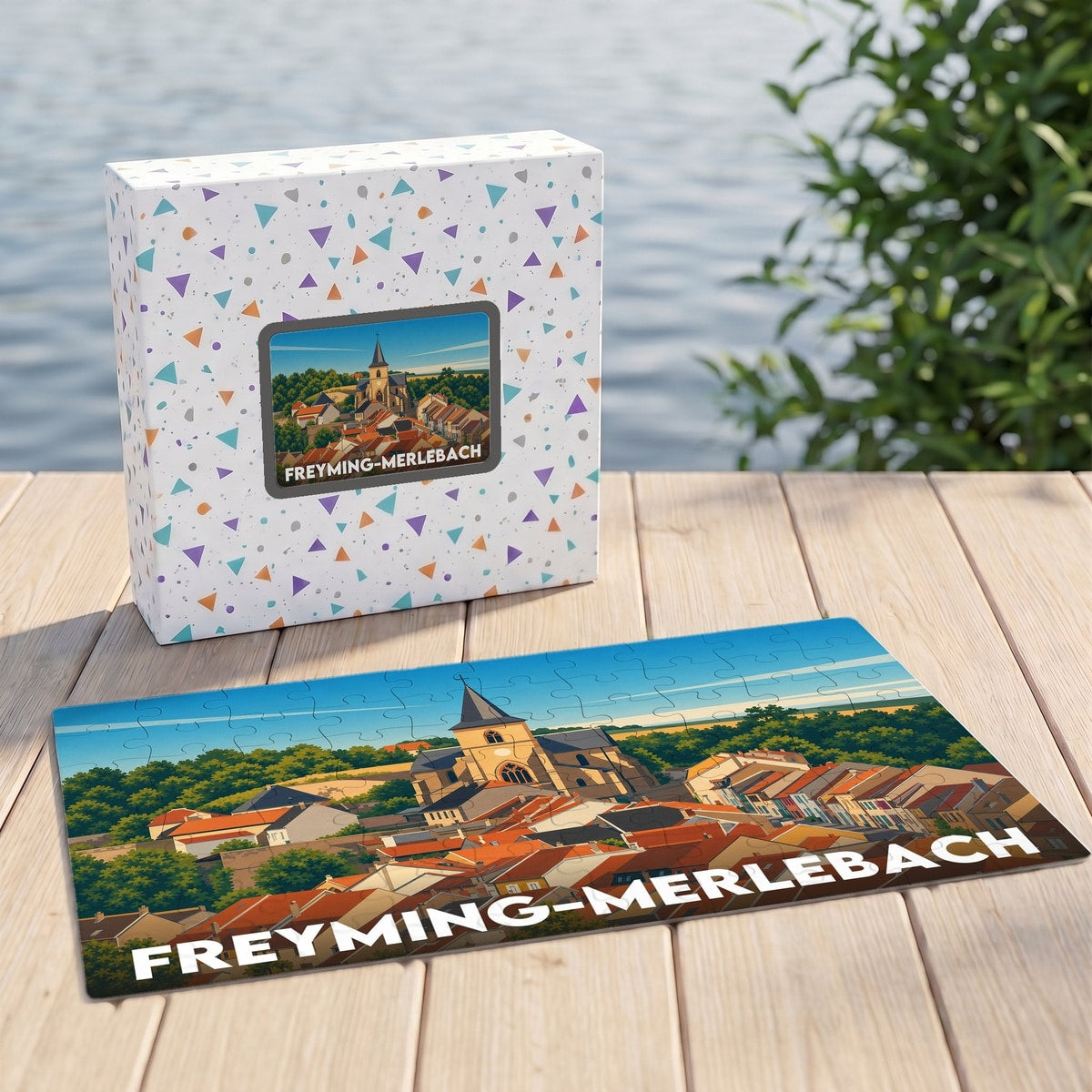 Puzzle souvenir de la ville de Freyming-Merlebach avec une illustration stylisée et colorée.