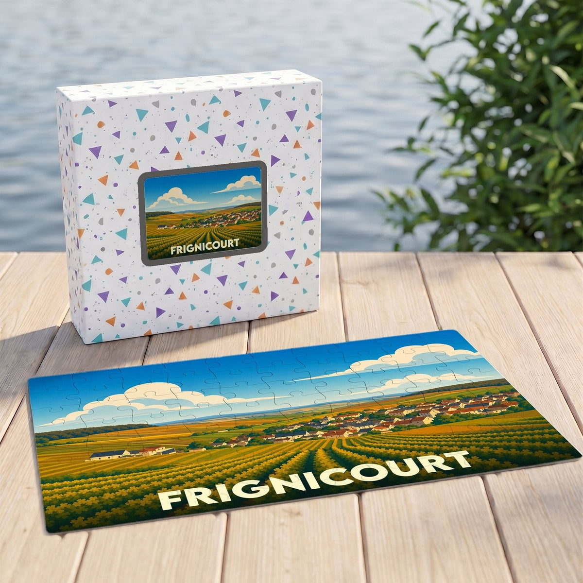 Puzzle souvenir de la ville de Frignicourt avec une illustration stylisée d'un paysage rural.