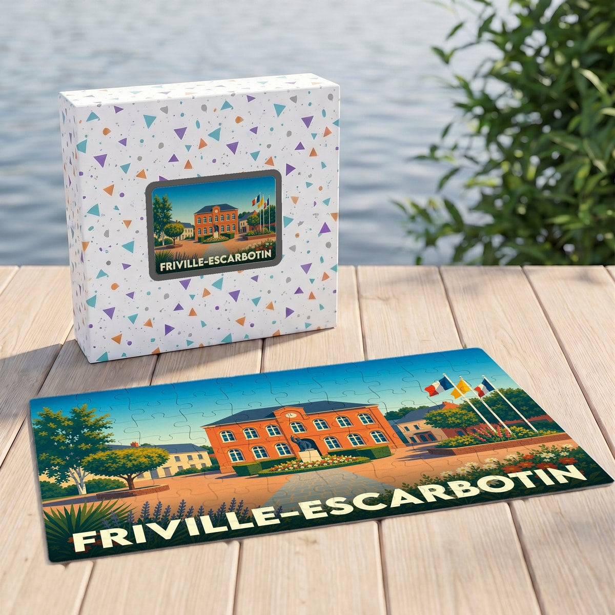 Puzzle souvenir de la ville de Friville-Escarbotin avec une illustration stylisée de son hôtel de ville.