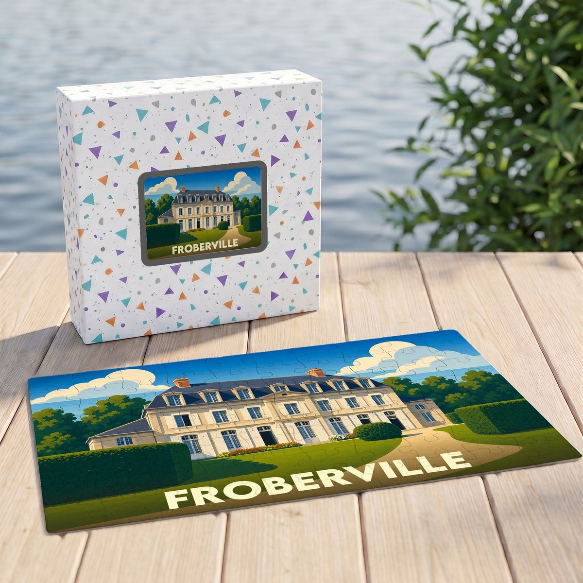 Puzzle souvenir de la ville de Froberville avec une illustration stylisée d'un manoir.