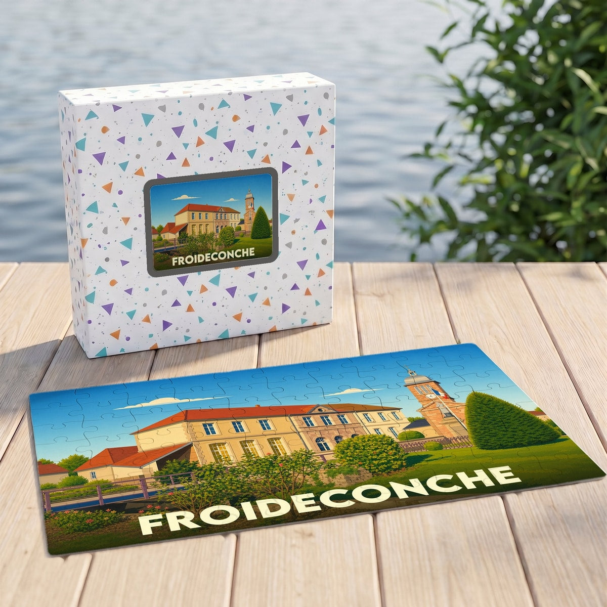 Puzzle souvenir de la ville de Froideconche avec une illustration stylisée.