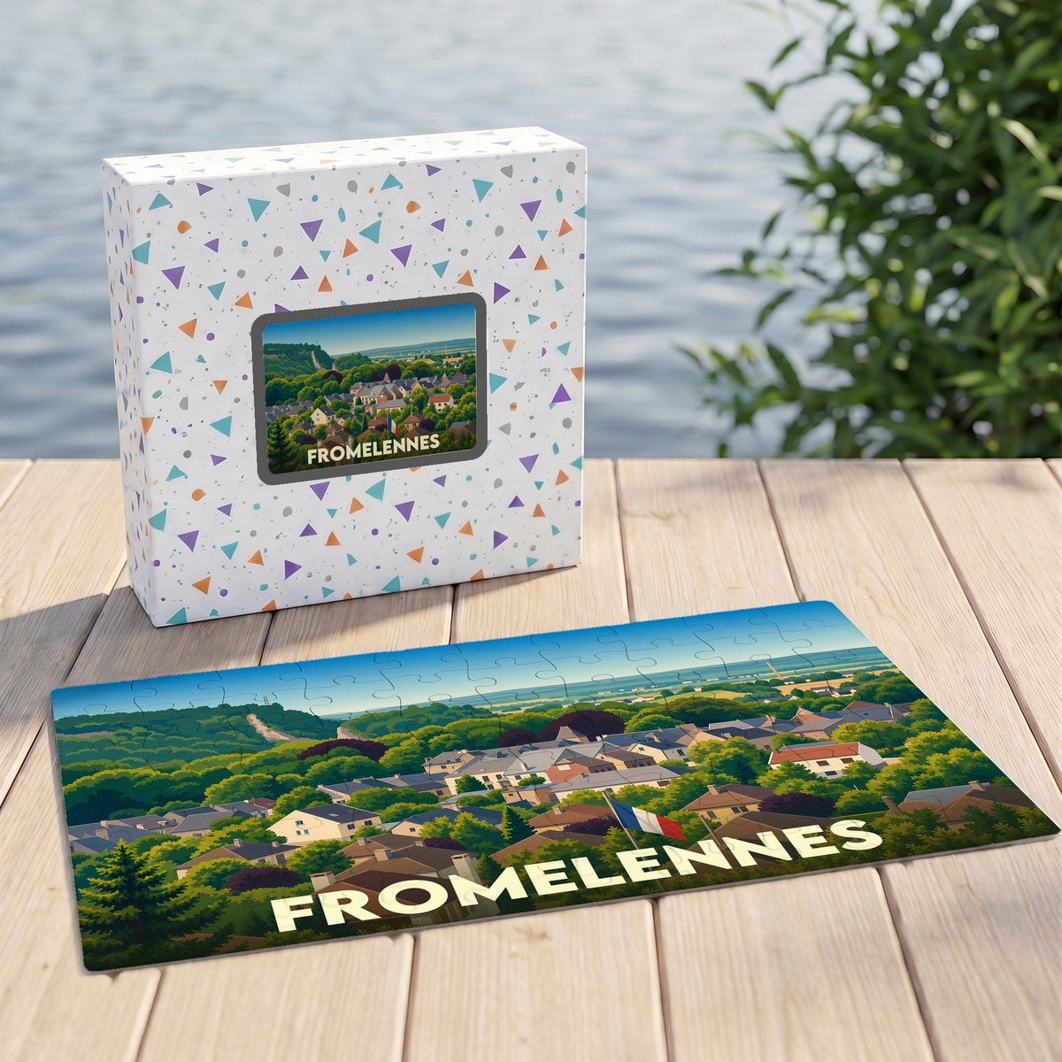 Puzzle souvenir de la ville de Fromelennes avec une illustration panoramique stylisée.