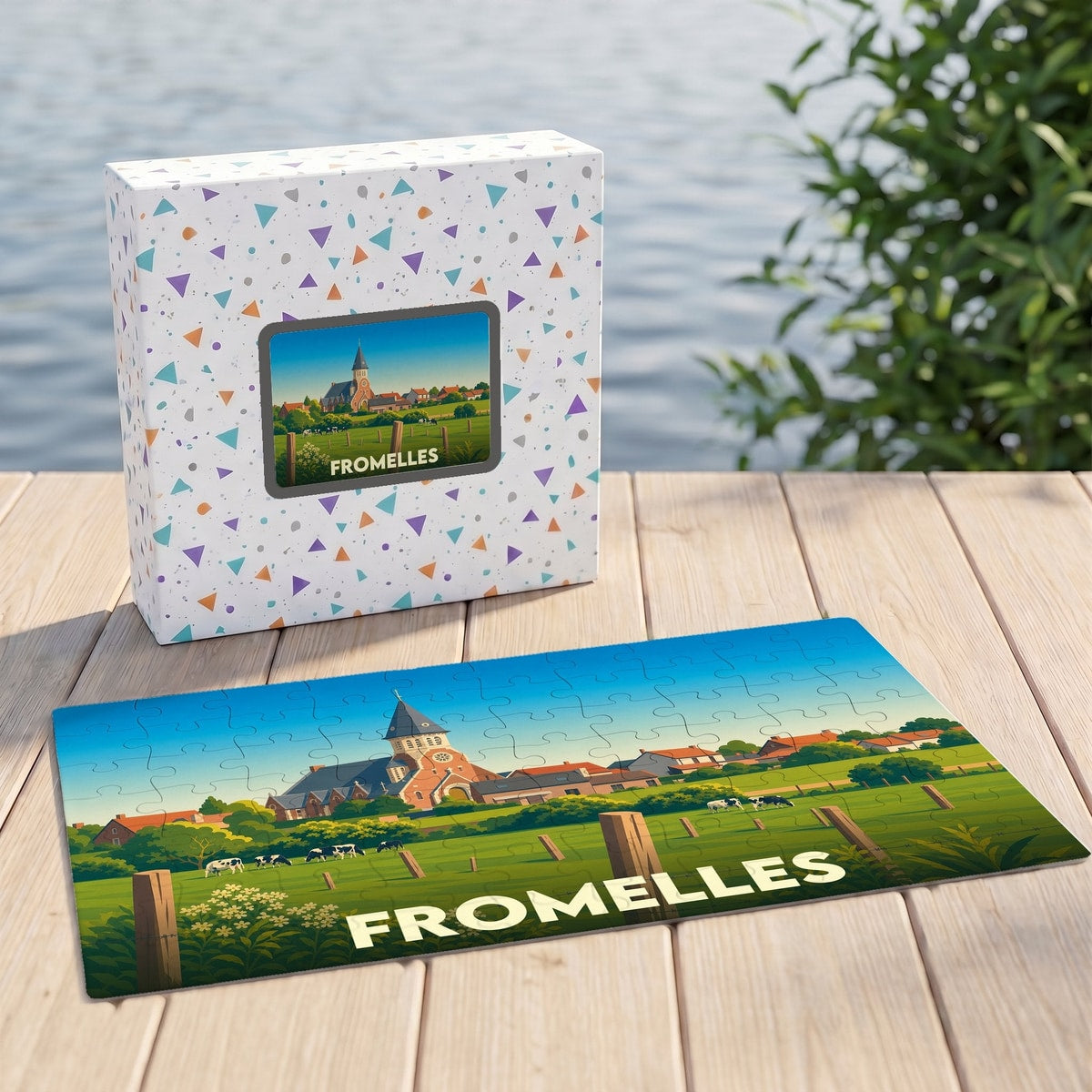 Puzzle souvenir de la ville de Fromelles illustrant un paysage champêtre avec son église.