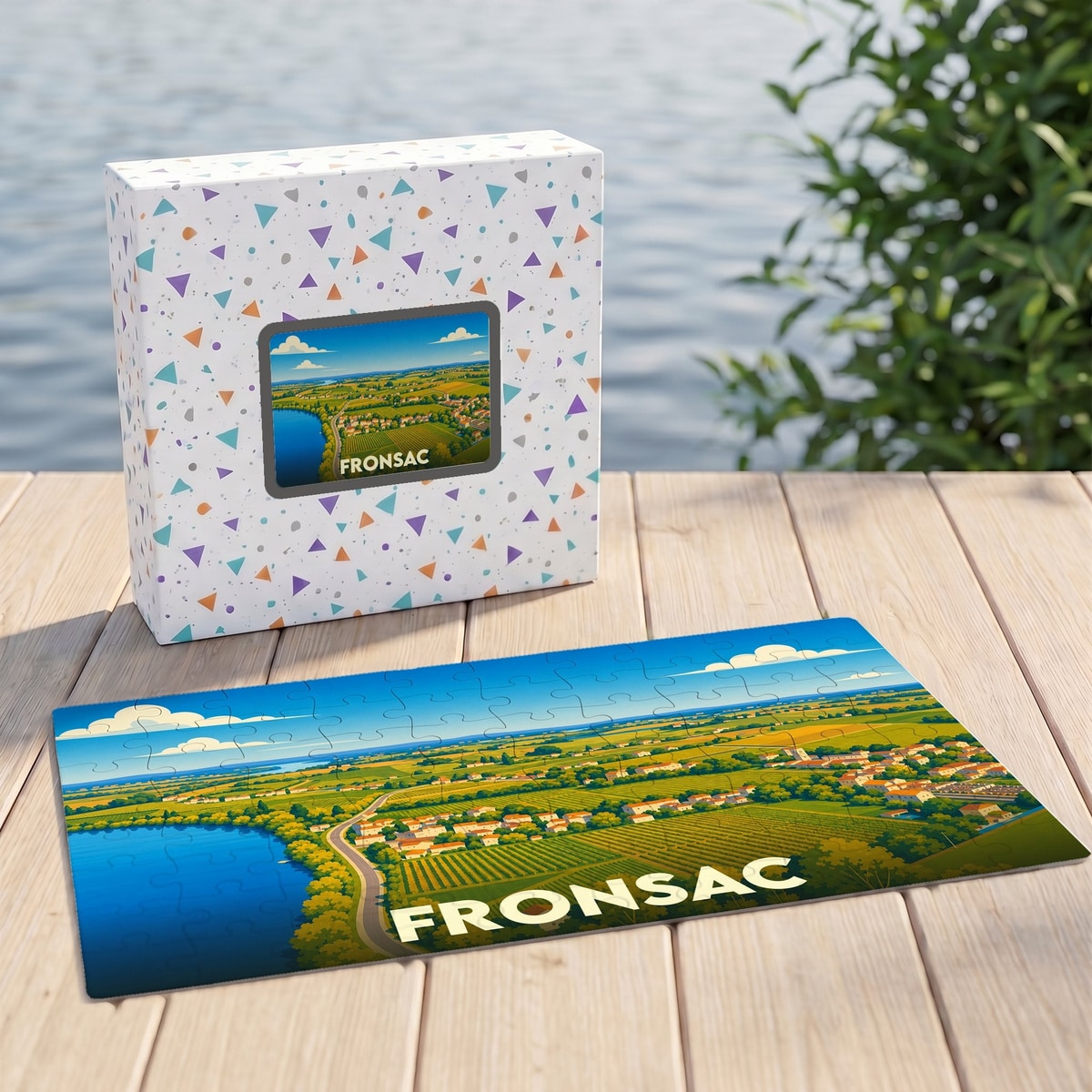 Puzzle souvenir de la ville de Fronsac avec une illustration paysagère stylisée.