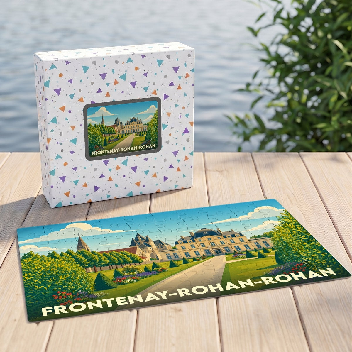 Puzzle souvenir de la ville de Frontenay-Rohan-Rohan avec une illustration stylisée de son château.
