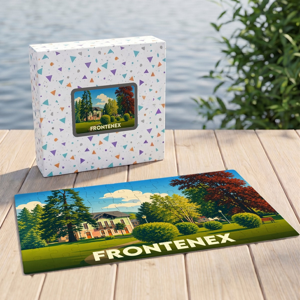 Puzzle souvenir de la ville de Frontenex avec une illustration stylisée d'un parc arboré.
