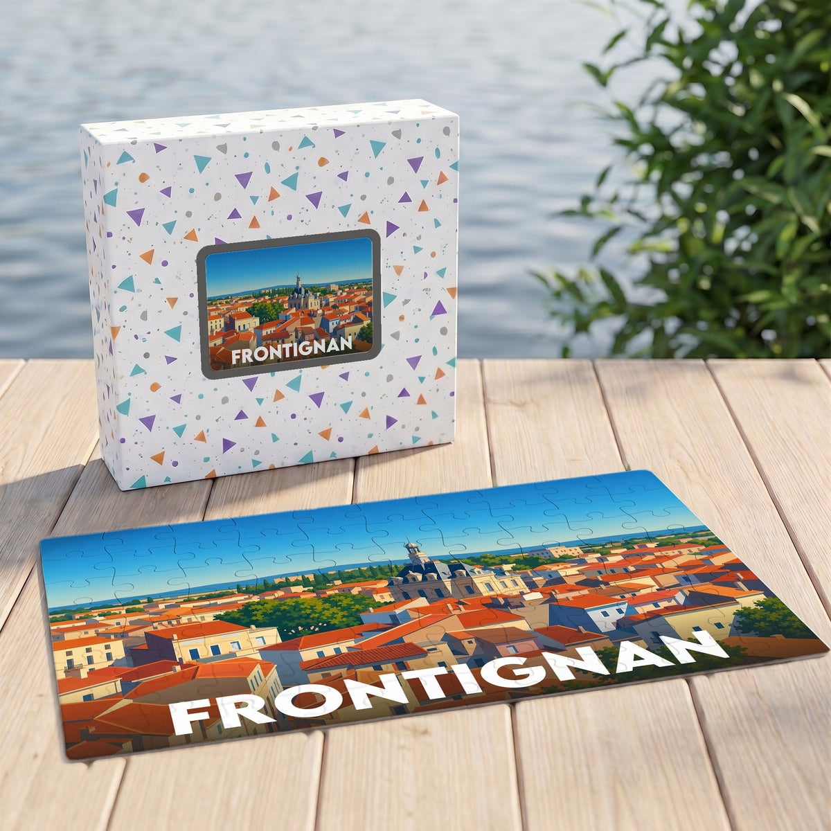 Puzzle souvenir de la ville de Frontignan présentant une illustration panoramique stylisée de ses toits rouges.