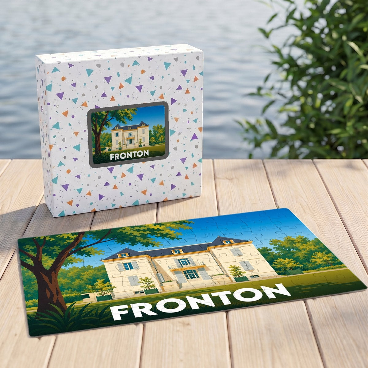 Puzzle souvenir de la ville de Fronton avec une illustration stylisée d'une maison de maître.
