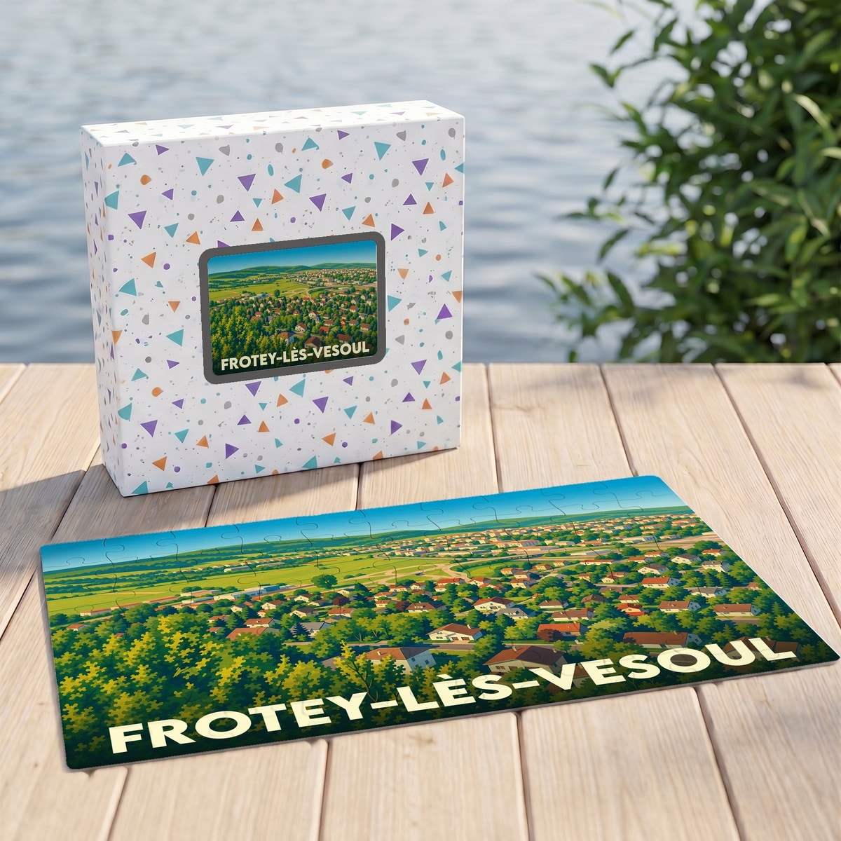 Puzzle souvenir de la ville de Frotey-lès-Vesoul avec une illustration paysagère stylisée.