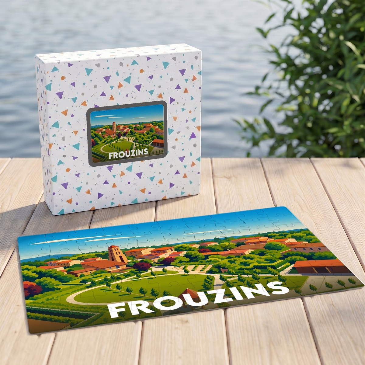 Puzzle souvenir de la ville de Frouzins avec une illustration paysagère colorée.
