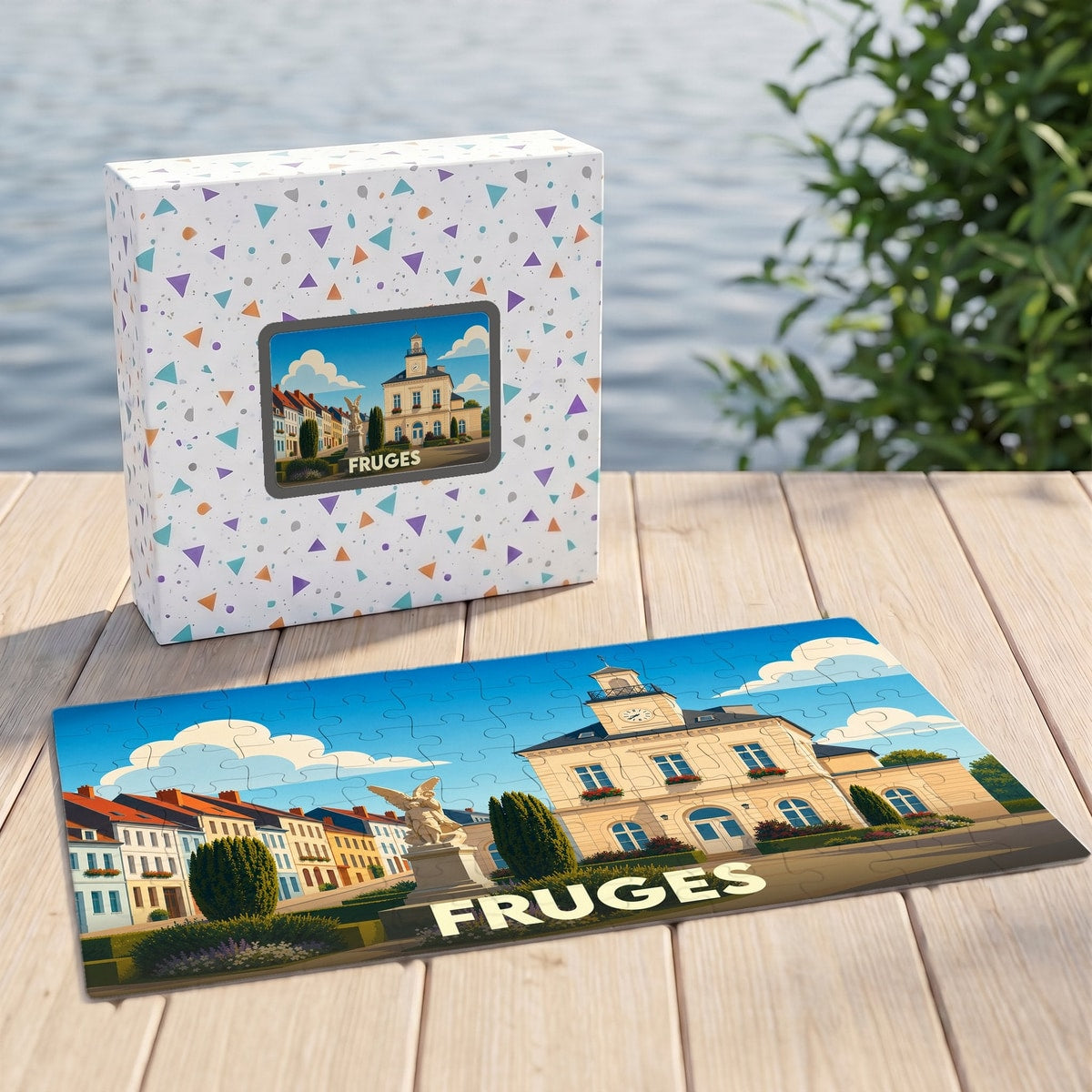 Puzzle souvenir de la ville de Fruges avec une illustration stylisée de sa mairie et de sa place.