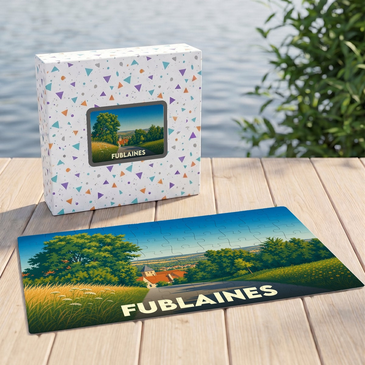 Puzzle souvenir de la ville de Fublaines présentant une illustration stylisée de son paysage rural.