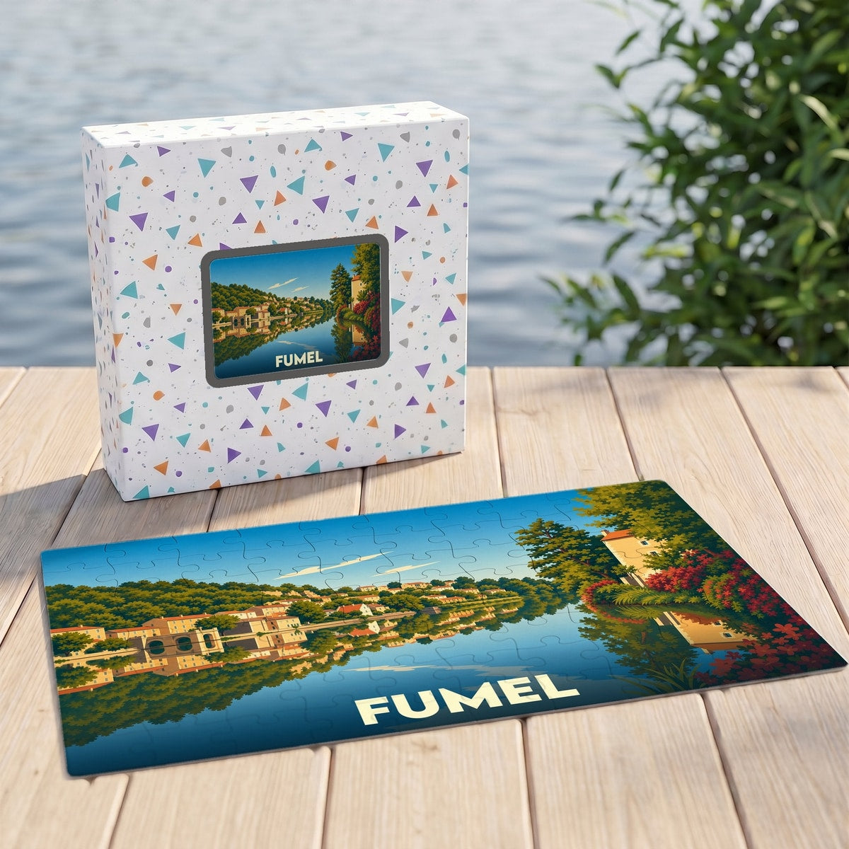 Puzzle souvenir de la ville de Fumel présentant une illustration colorée et stylisée de ses bords de rivière.