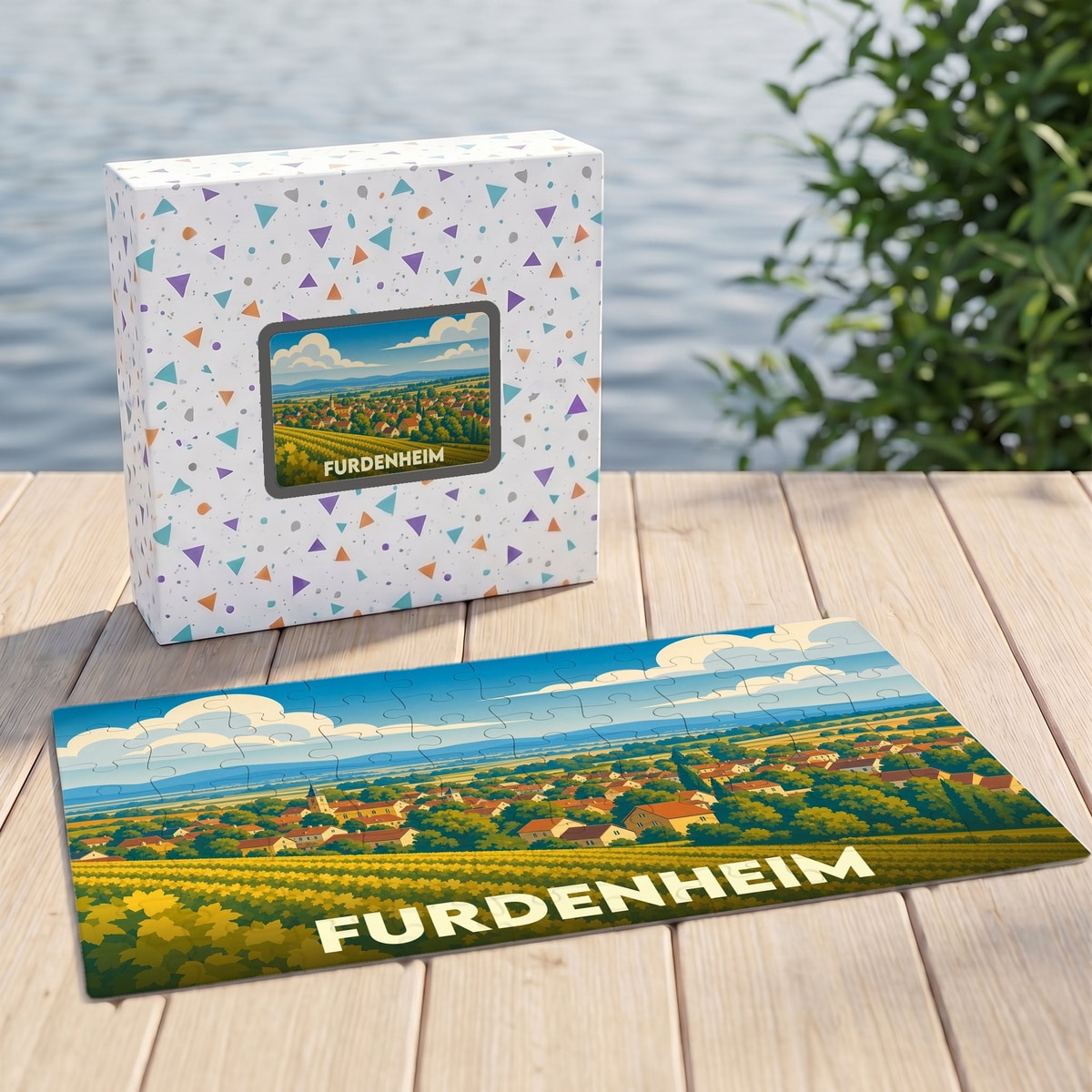 Puzzle souvenir de la ville de Furdenheim avec une illustration paysagère colorée.