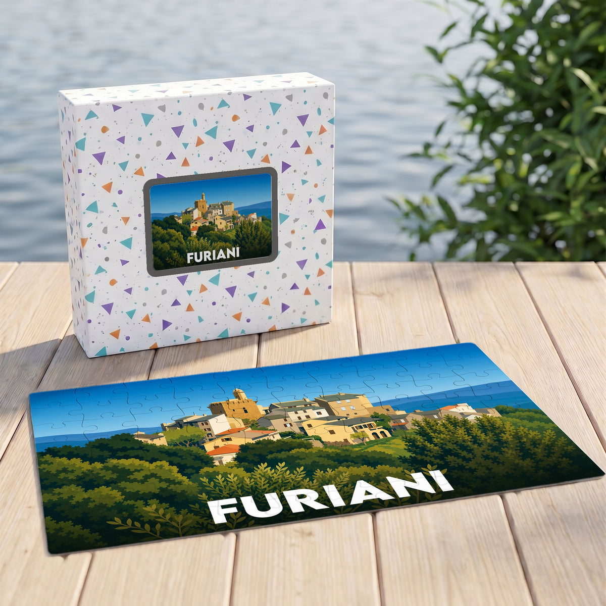 Puzzle souvenir de la ville de Furiani avec une illustration stylisée et colorée.