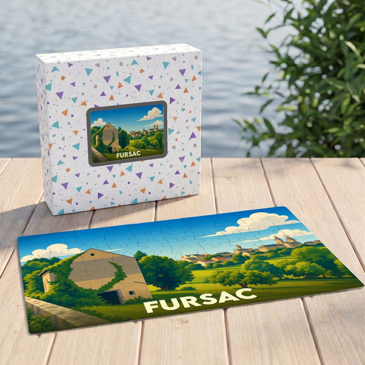 Puzzle souvenir de la ville de Fursac avec une illustration stylisée d'un paysage champêtre.