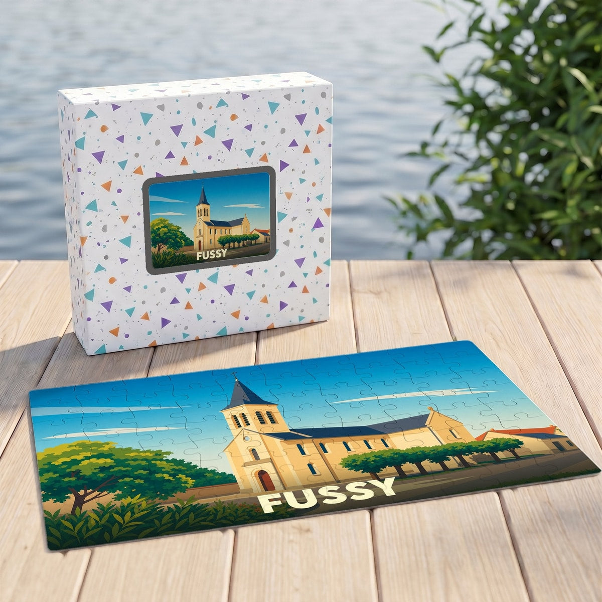Puzzle souvenir de la ville de Fussy avec une illustration stylisée de son église.