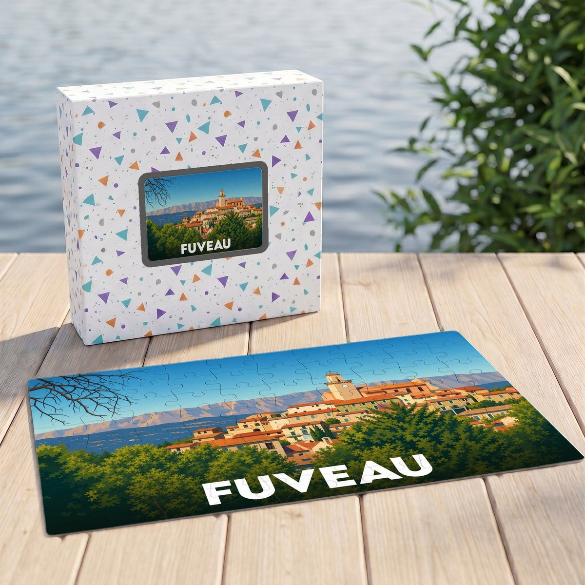 Puzzle souvenir de la ville de Fuveau avec une illustration paysagère stylisée.