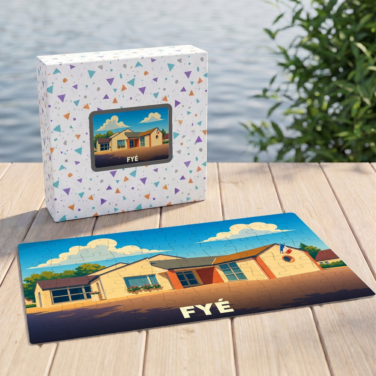 Puzzle souvenir de la ville de Fyé avec une illustration stylisée d'un bâtiment local.