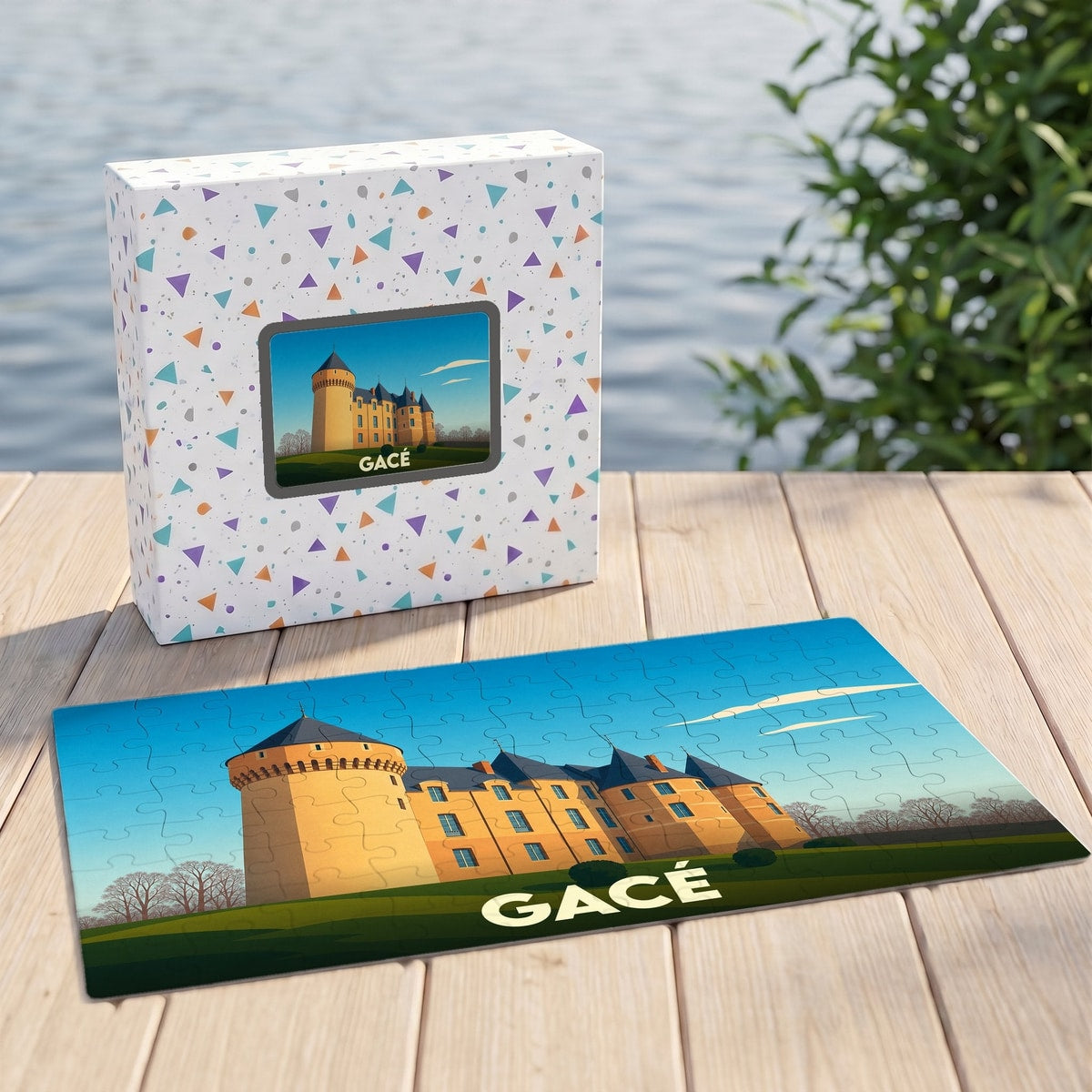 Puzzle souvenir de la ville de Gacé avec une illustration stylisée de son château.