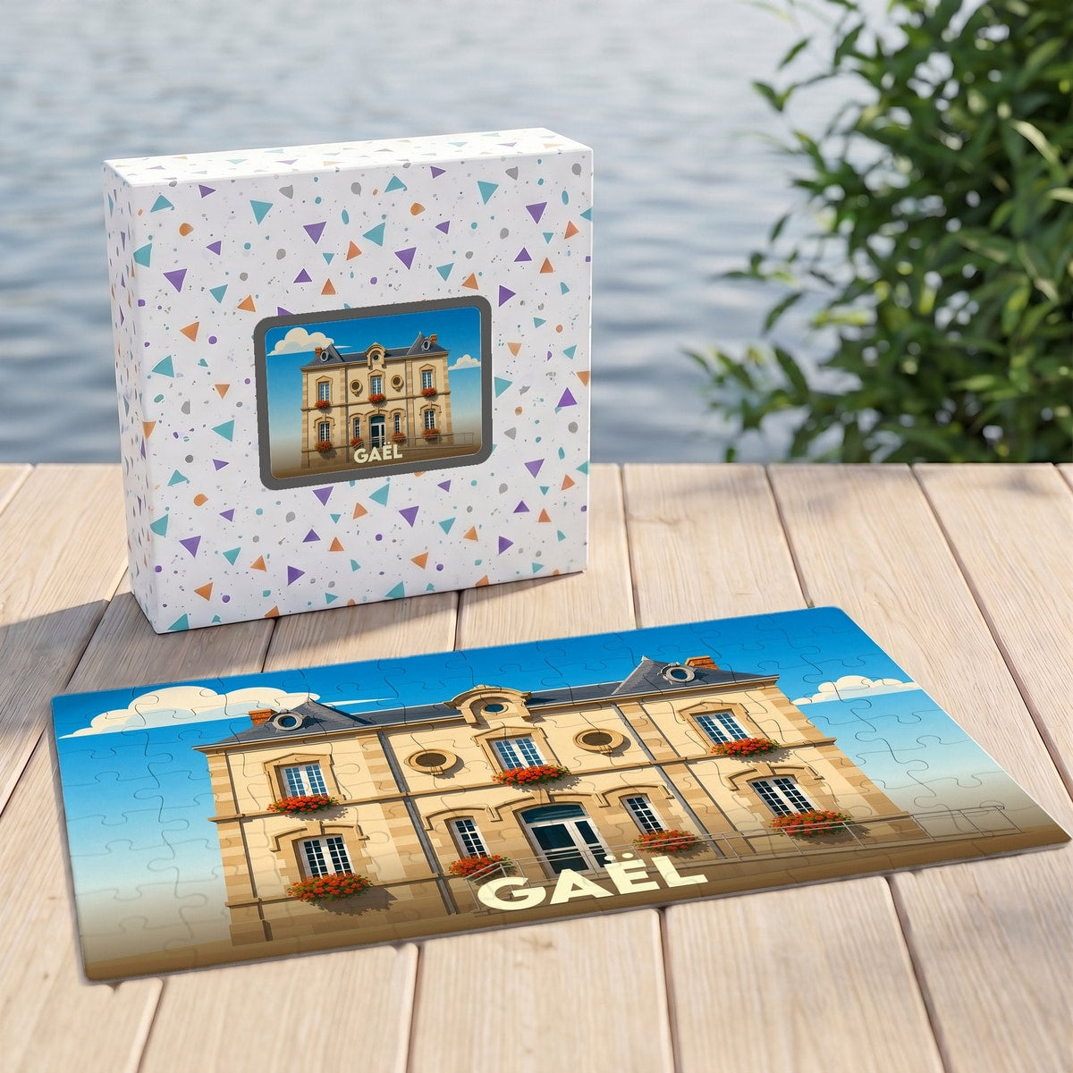 Puzzle souvenir de la ville de Gaël représentant une demeure historique illustrée.