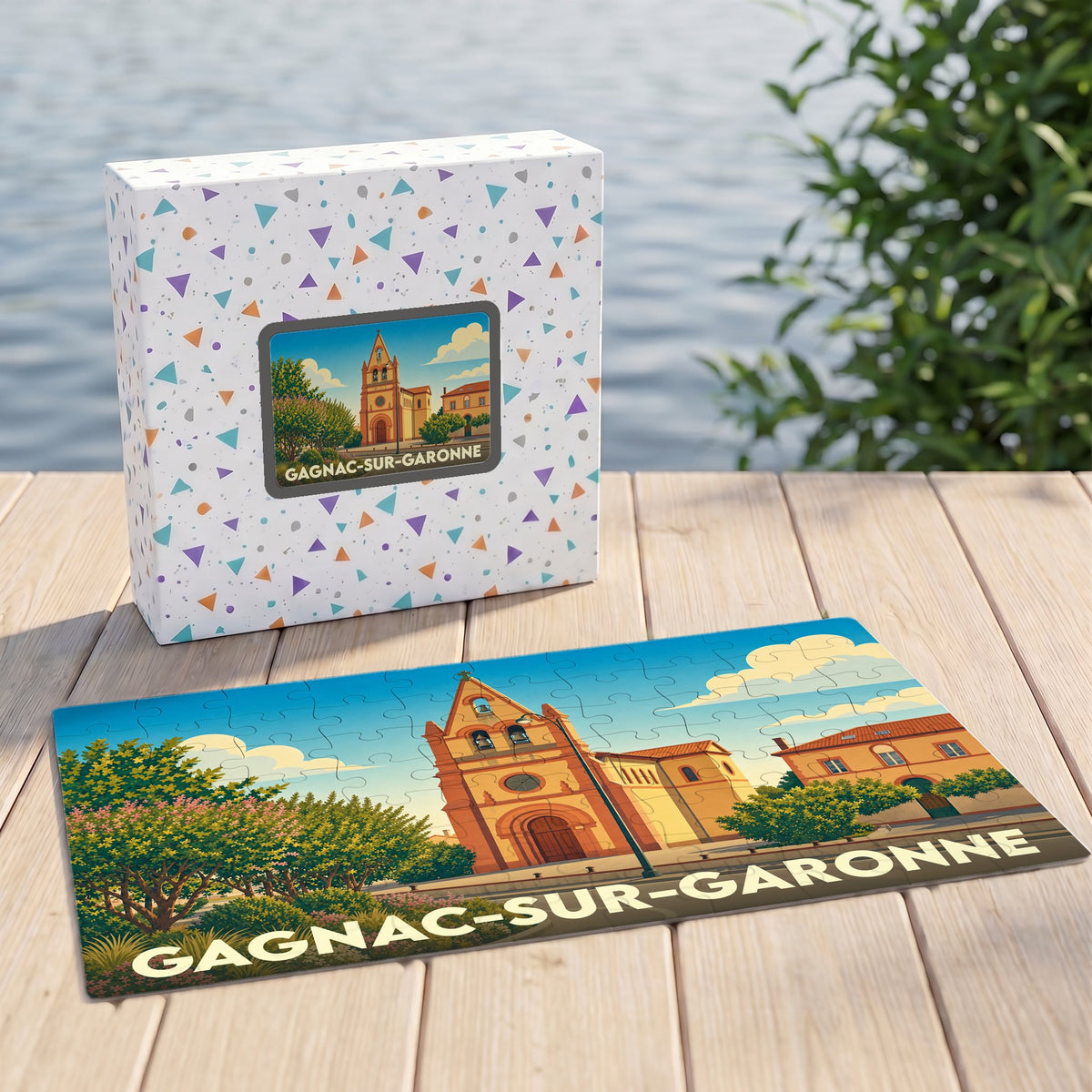 Puzzle souvenir de la ville de Gagnac-sur-Garonne avec une illustration stylisée de son église.