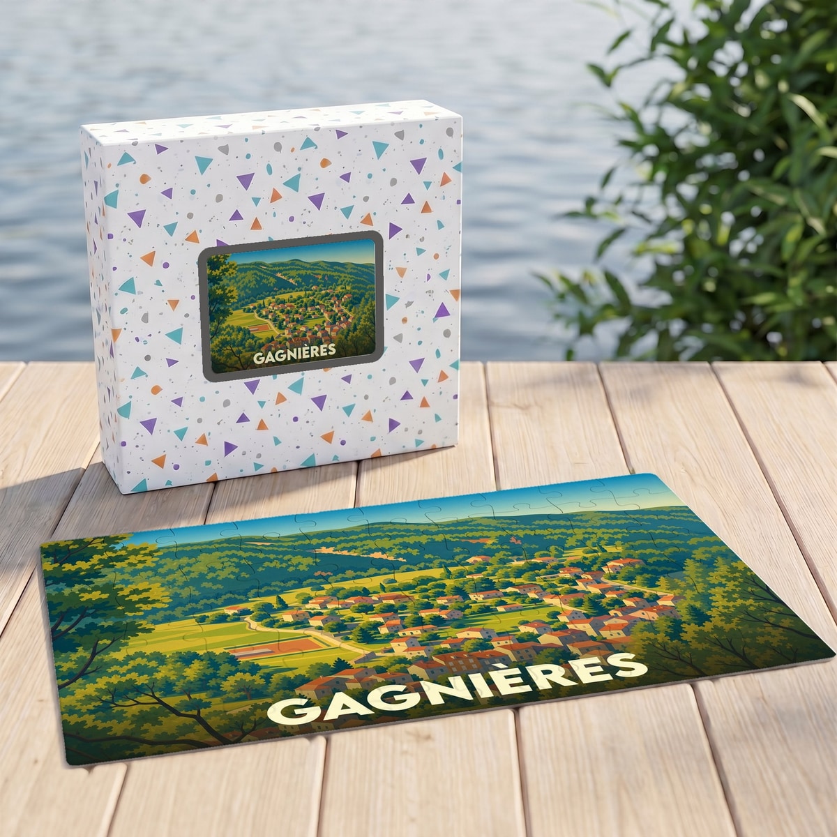 Puzzle souvenir de la ville de Gagnières avec une illustration de paysage coloré.