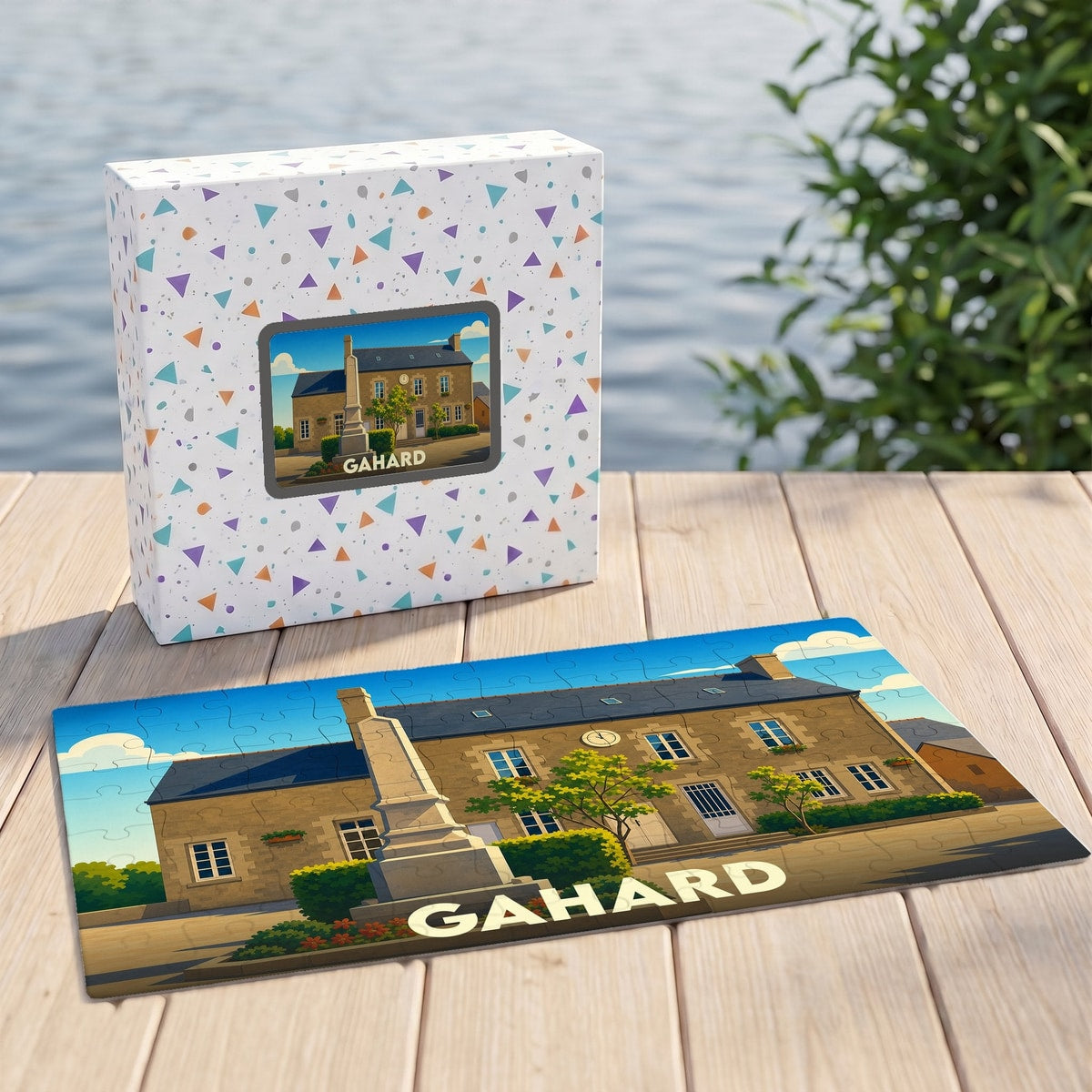 Puzzle souvenir de la ville de Gahard avec une illustration stylisée d'un bâtiment historique et son monument.