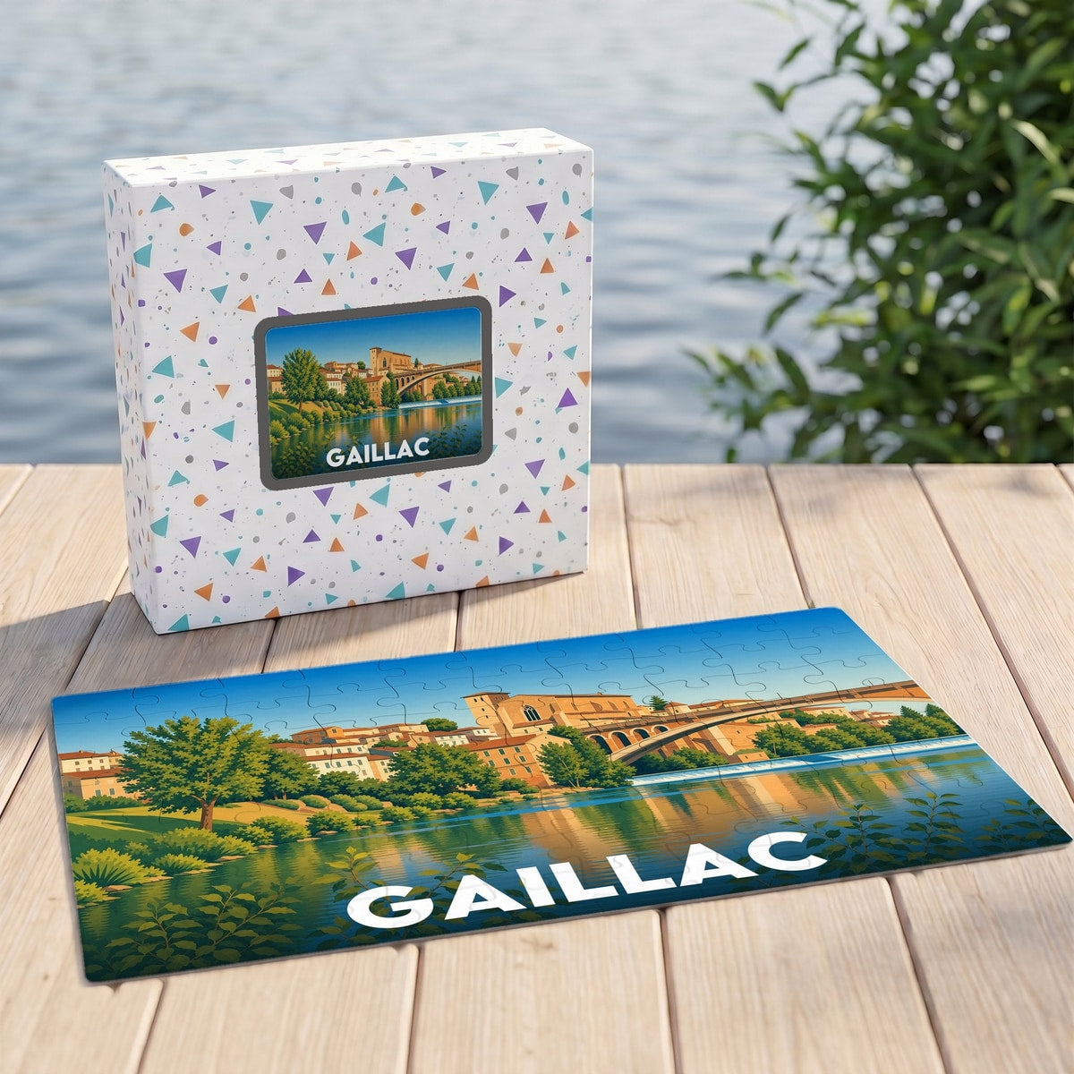 Puzzle souvenir de la ville de Gaillac avec une illustration stylisée des bords du Tarn.