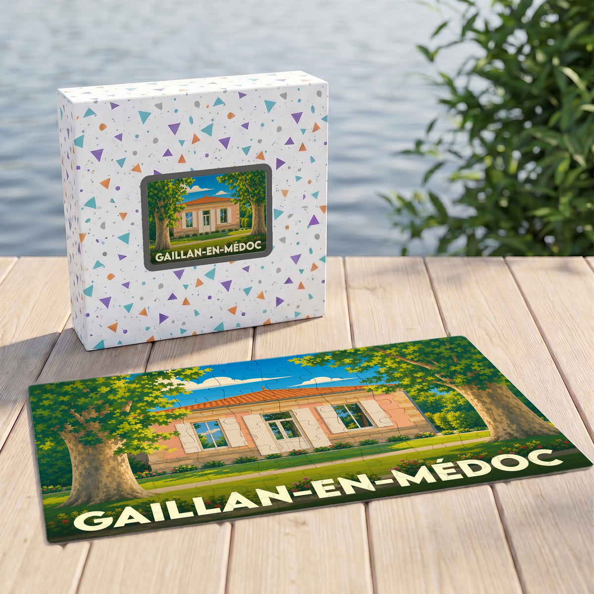 Puzzle souvenir de Gaillan-en-Médoc avec une illustration colorée d'une maison girondine sous des arbres.