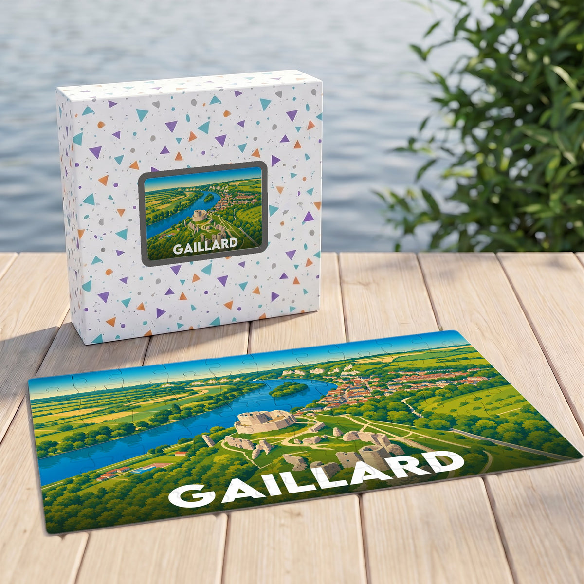 Puzzle souvenir de la ville de Gaillard avec une illustration panoramique stylisée sur sa boîte et ses pièces assemblées.