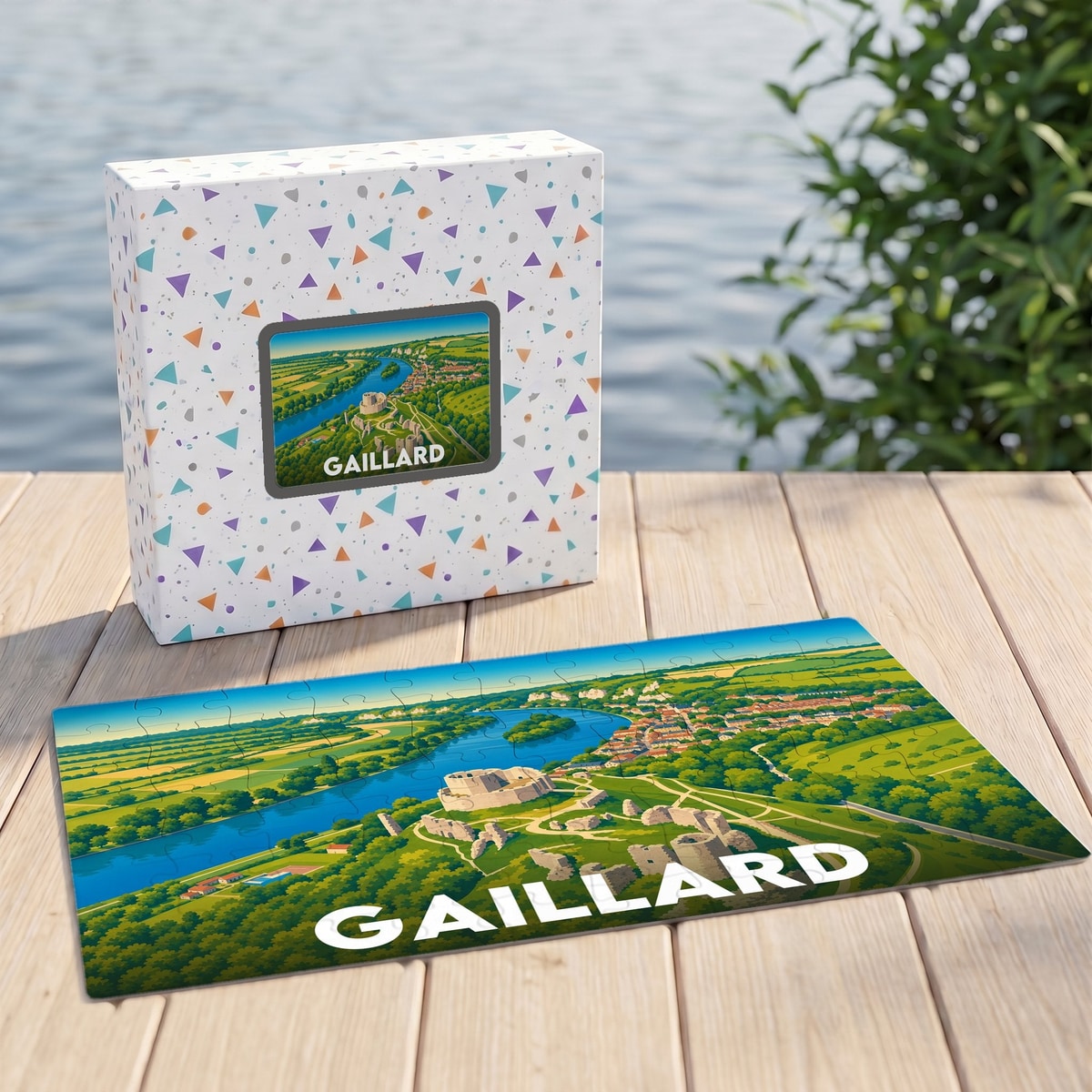 Puzzle souvenir de la ville de Gaillard avec une illustration panoramique stylisée sur sa boîte et ses pièces assemblées.