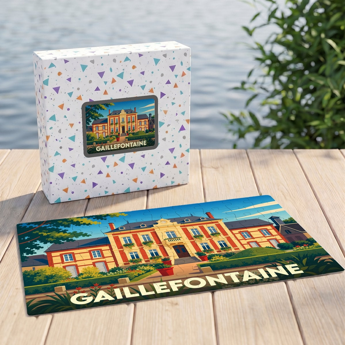 Puzzle souvenir de la ville de Gaillefontaine avec une illustration stylisée d'un manoir.