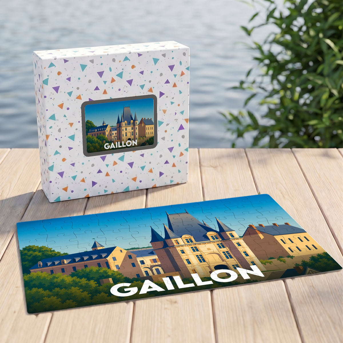 Puzzle souvenir de la ville de Gaillon avec une illustration stylisée de son château.