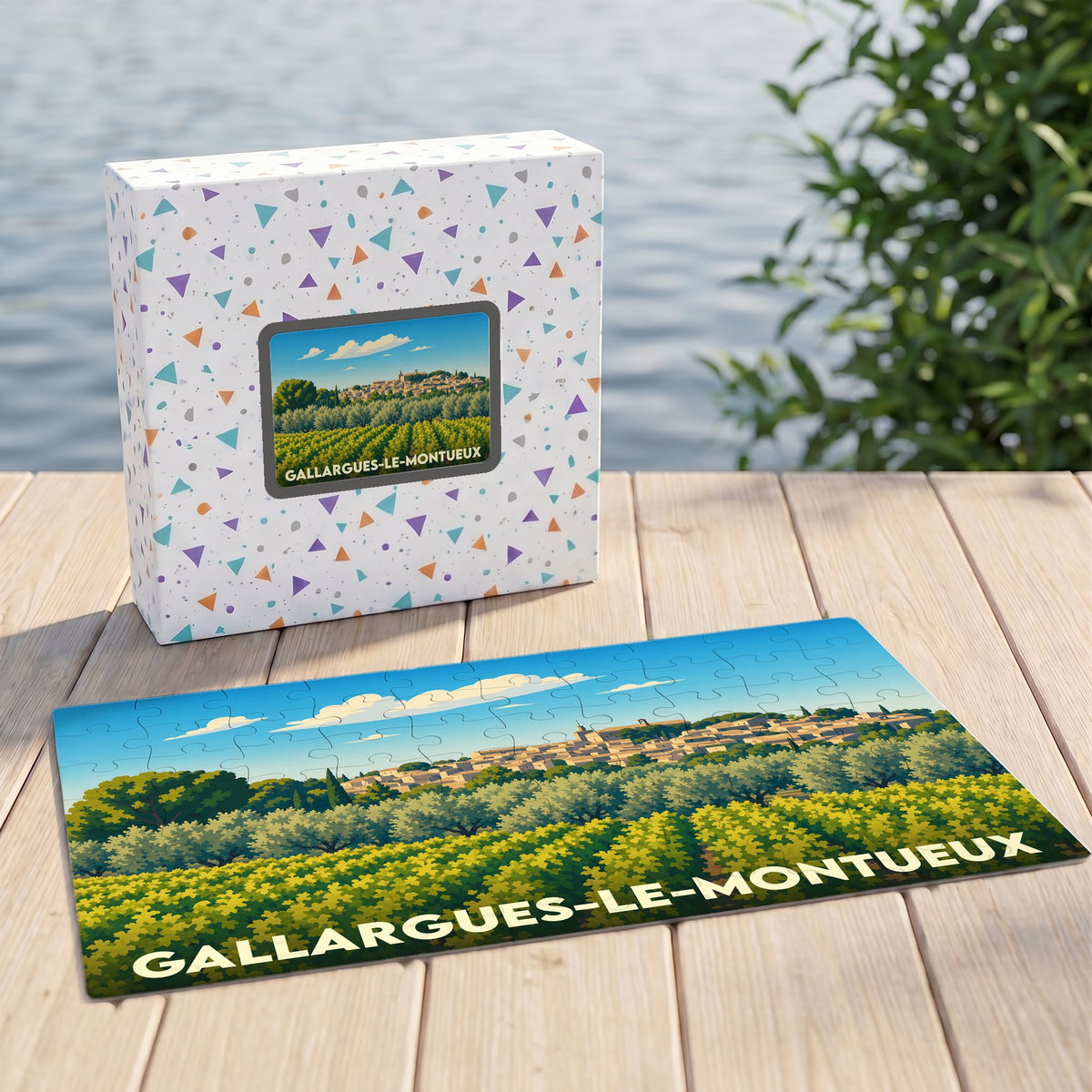 Puzzle souvenir de la ville de Gallargues-le-Montueux avec une illustration stylisée de son paysage provençal.