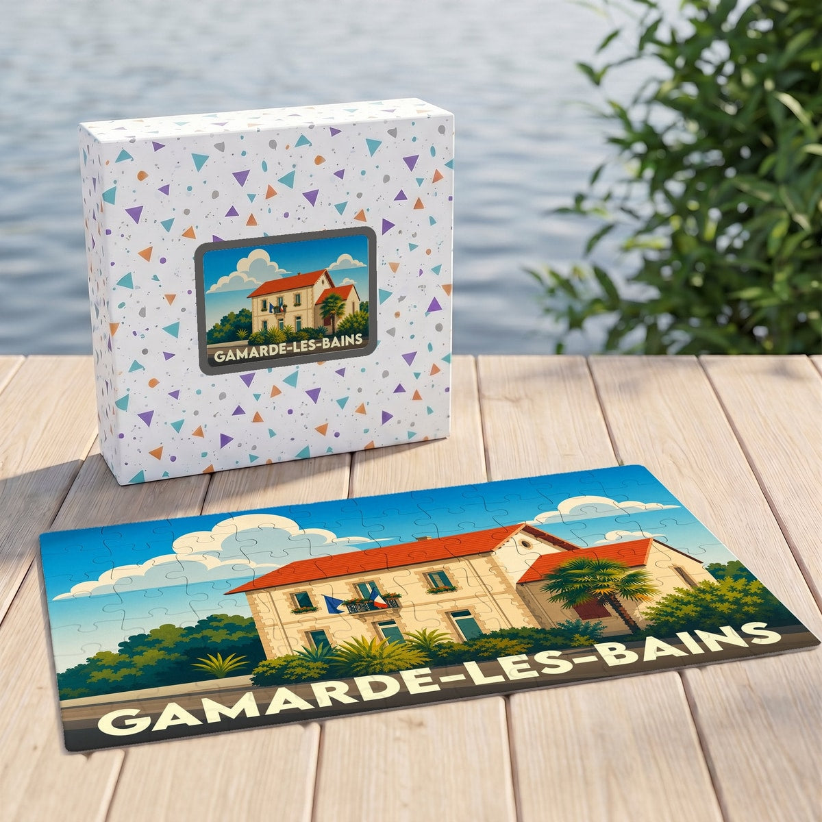 Puzzle souvenir de la ville de Gamarde-les-Bains avec une illustration stylisée d'un bâtiment emblématique.