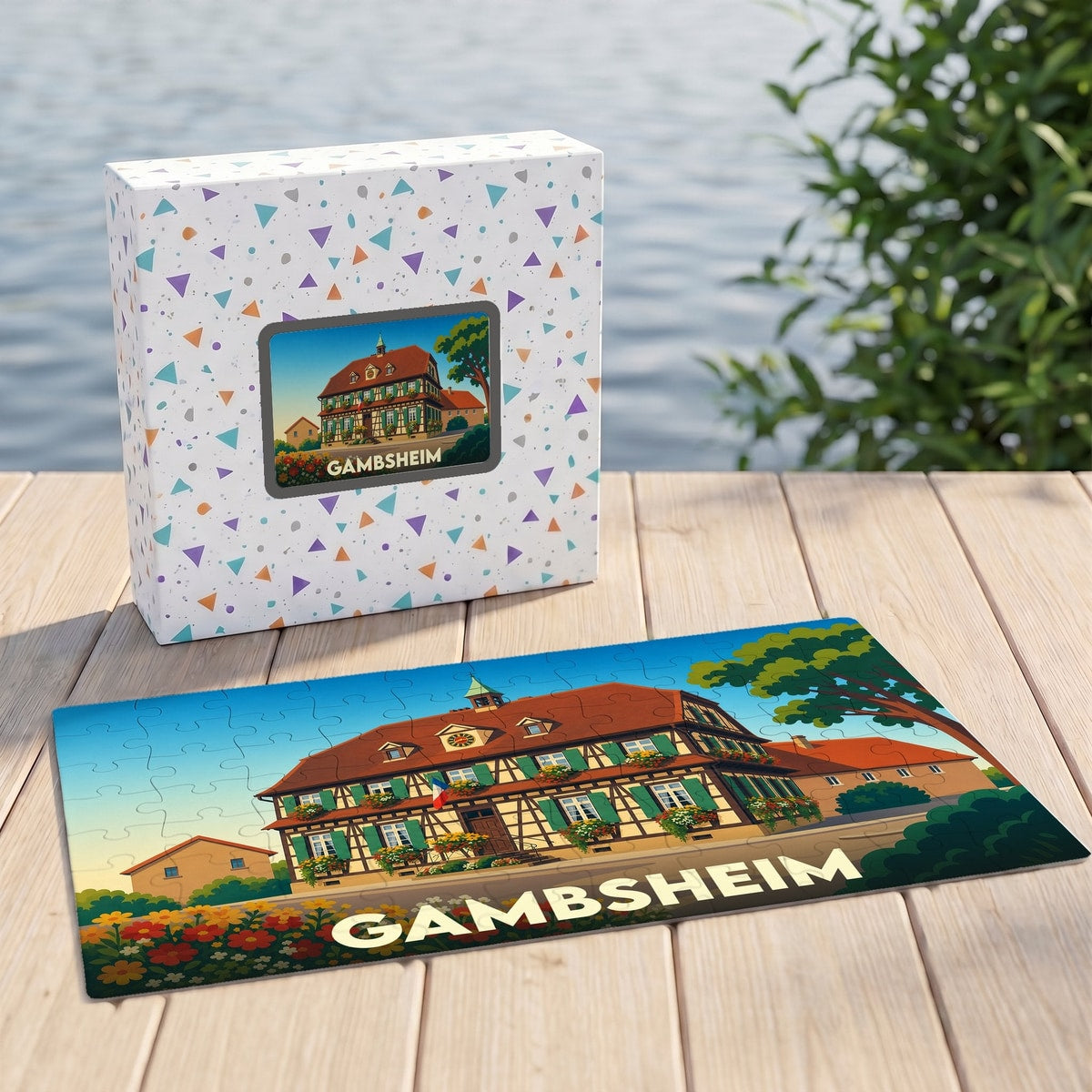 Puzzle souvenir de la ville de Gambsheim avec une illustration stylisée d'une maison à colombages.