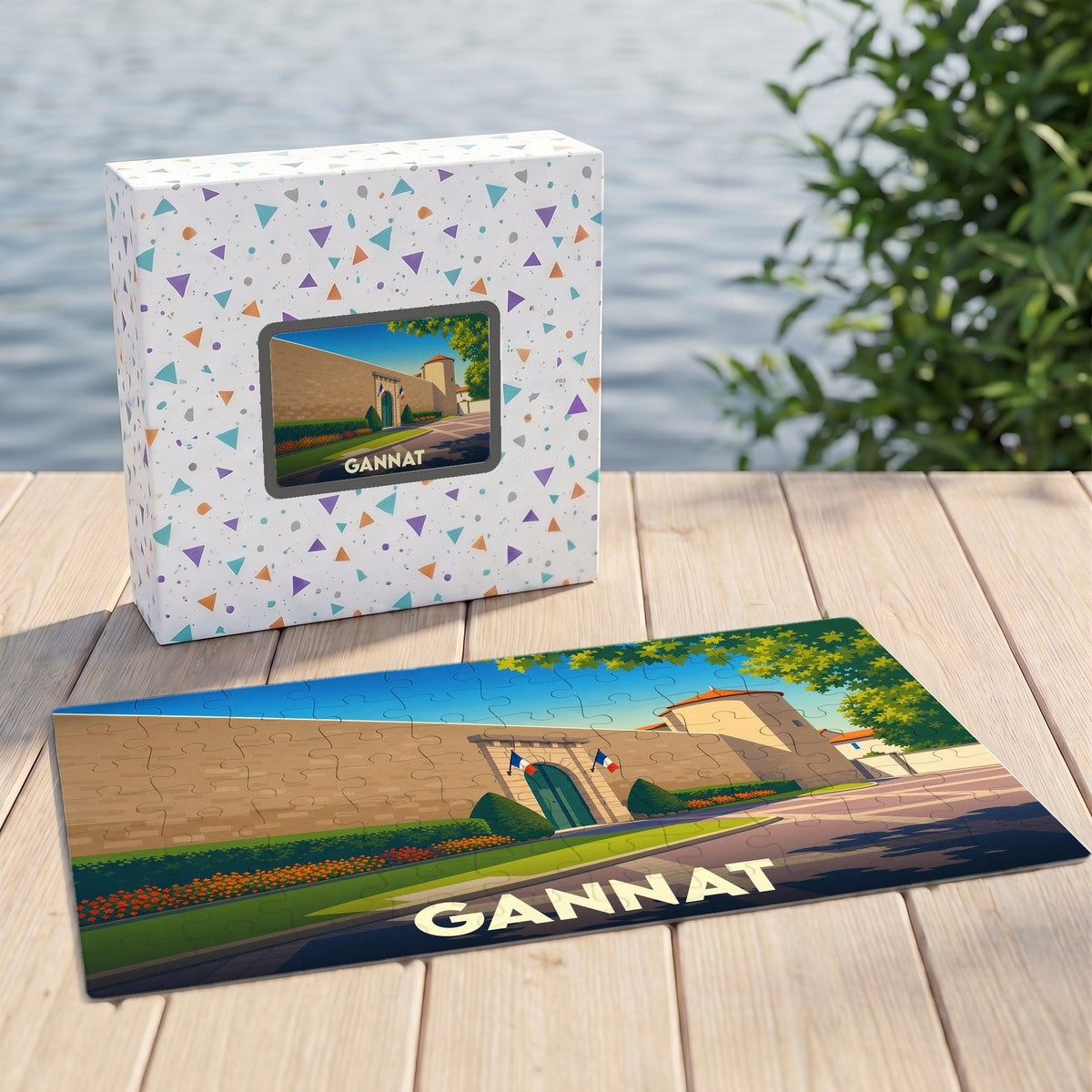 Puzzle souvenir de la ville de Gannat avec une illustration stylisée de son patrimoine.