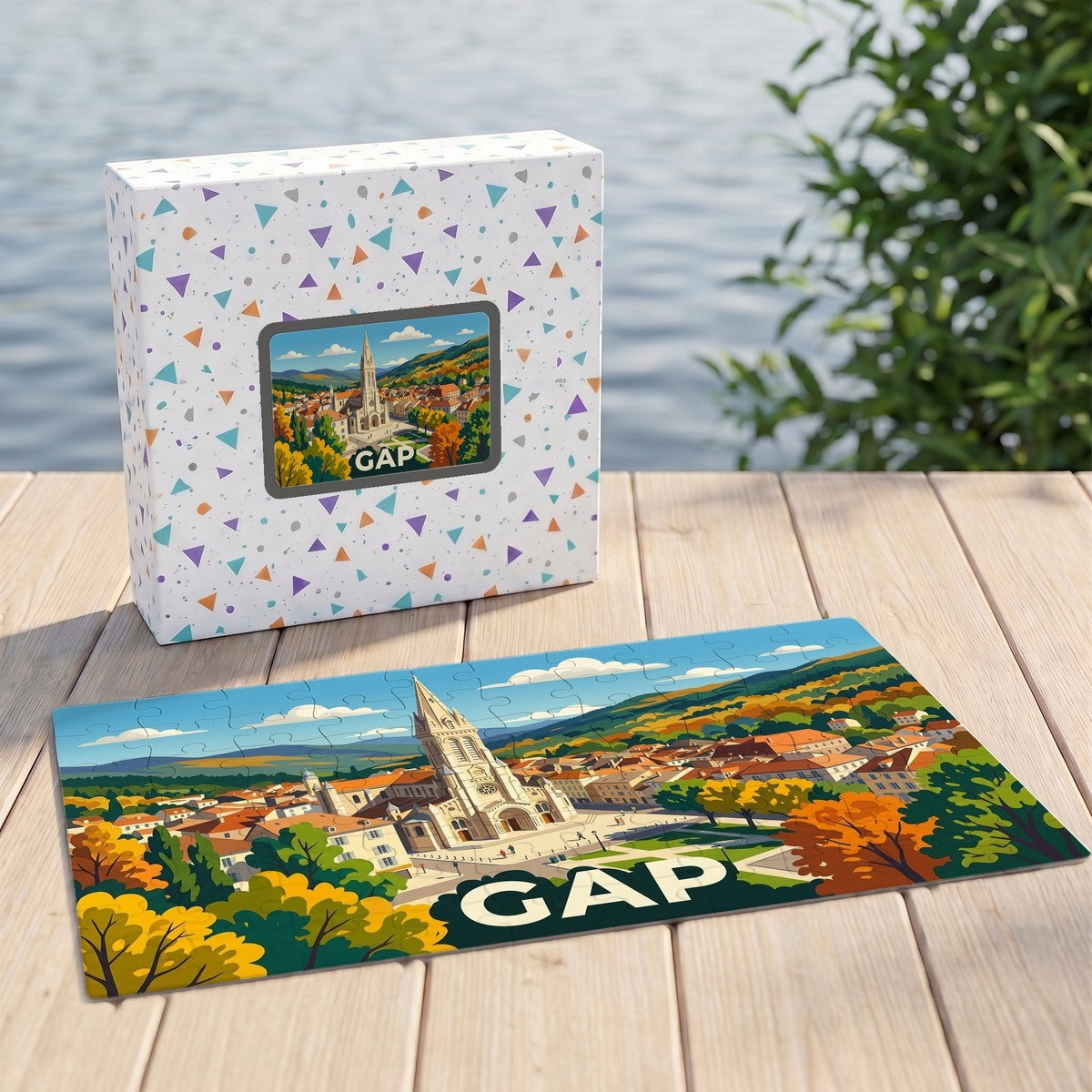 Puzzle souvenir de la ville de Gap avec une illustration stylisée et colorée.