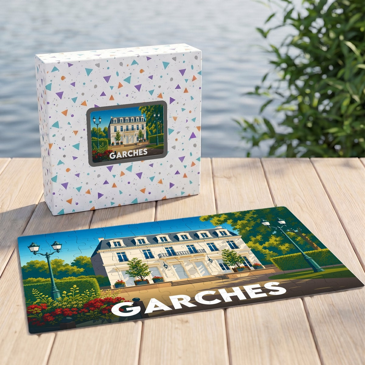 Puzzle souvenir de la ville de Garches représentant une illustration stylisée d'une demeure bourgeoise.