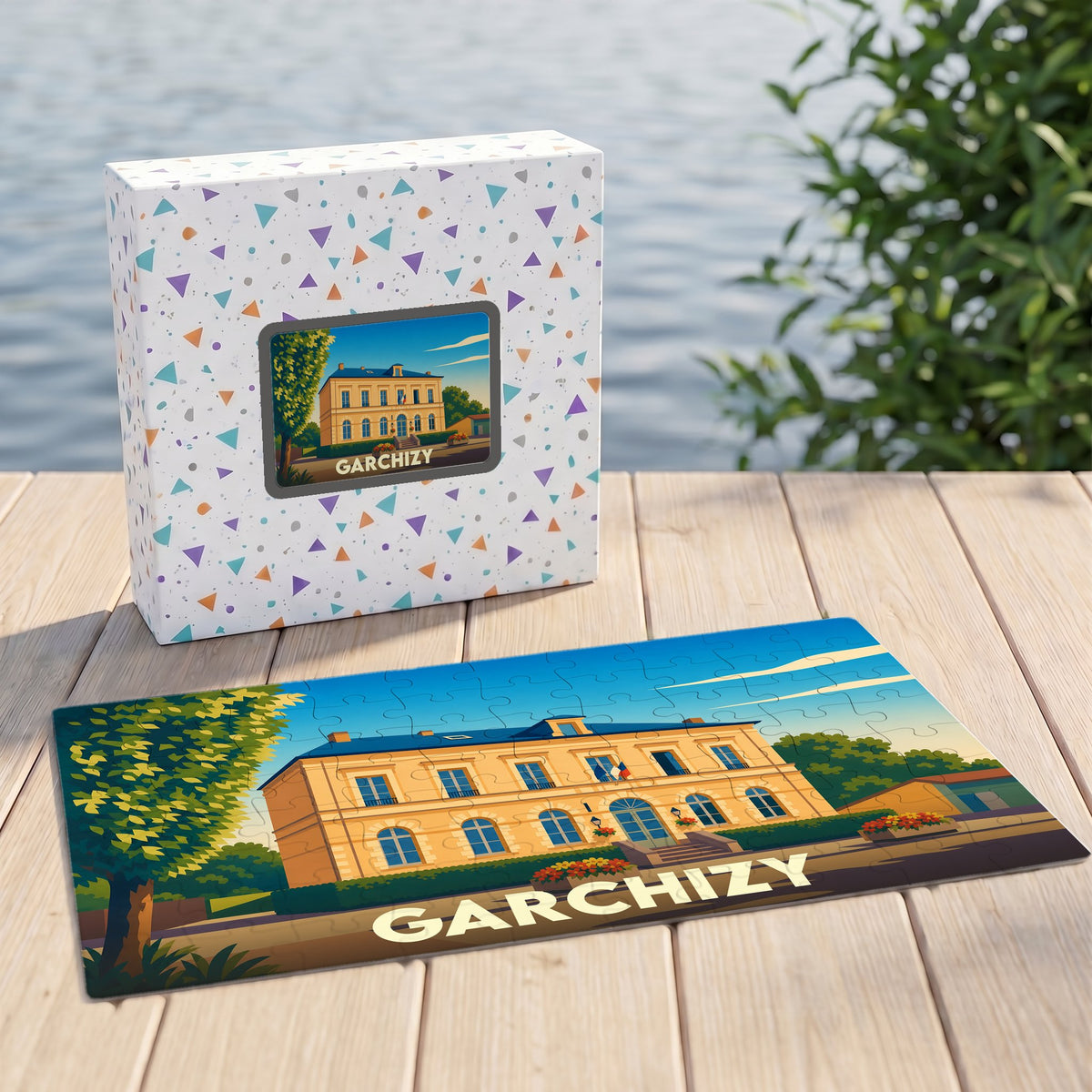 Puzzle souvenir de la ville de Garchizy illustrant sa mairie dans un style graphique épuré.