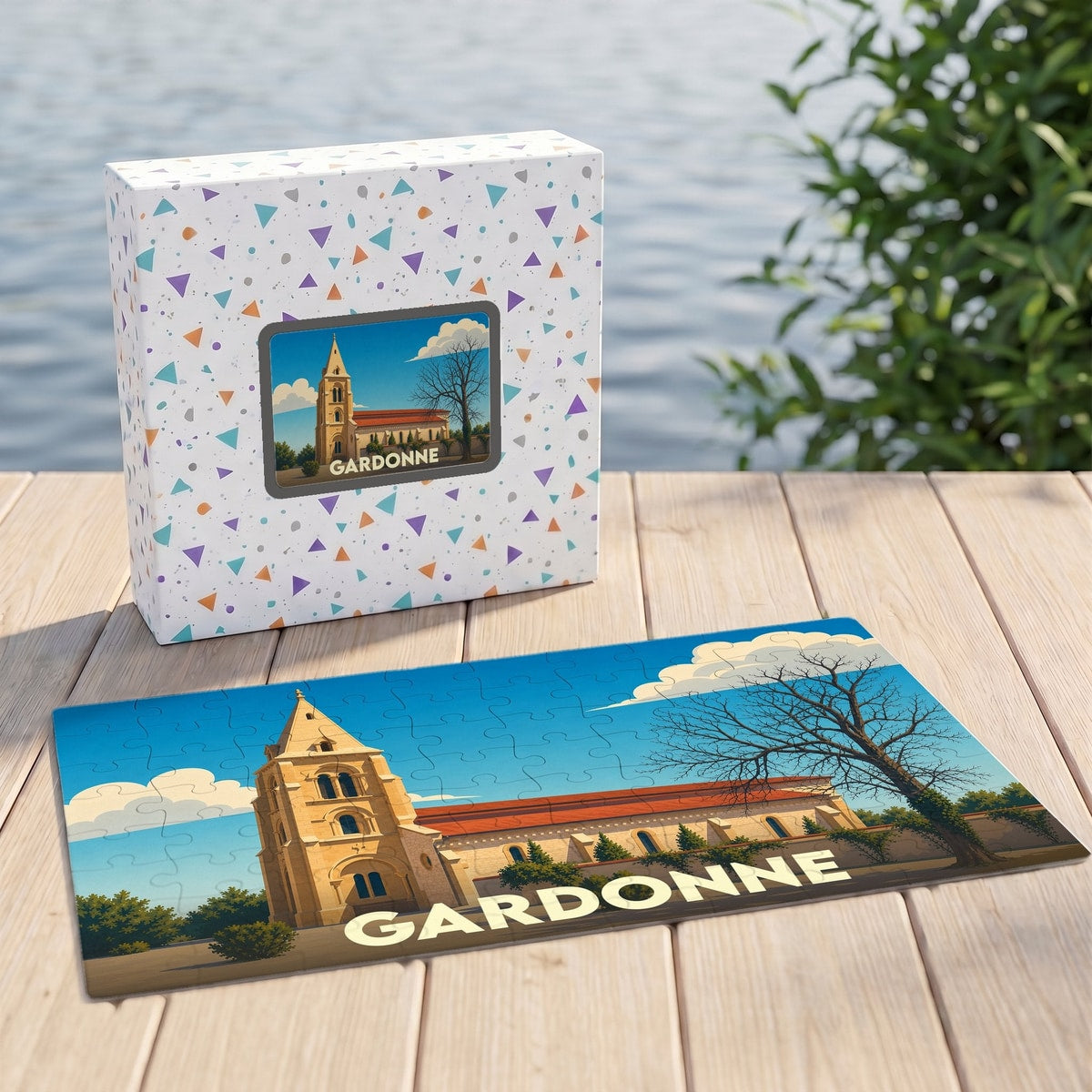 Puzzle souvenir de la ville de Gardonne avec une illustration stylisée d'une église et son clocher.