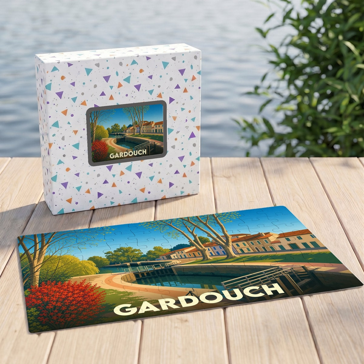 Puzzle souvenir de la ville de Gardouch avec une illustration stylisée d'un canal et de ses quais.