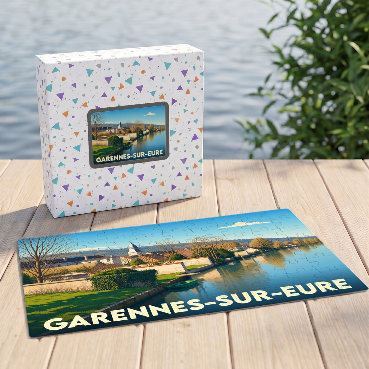 Puzzle souvenir de la ville de Garennes-sur-Eure avec une illustration stylisée des bords de l'Eure.