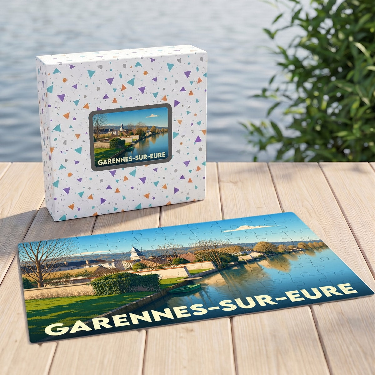 Puzzle souvenir de la ville de Garennes-sur-Eure avec une illustration stylisée des bords de l'Eure.