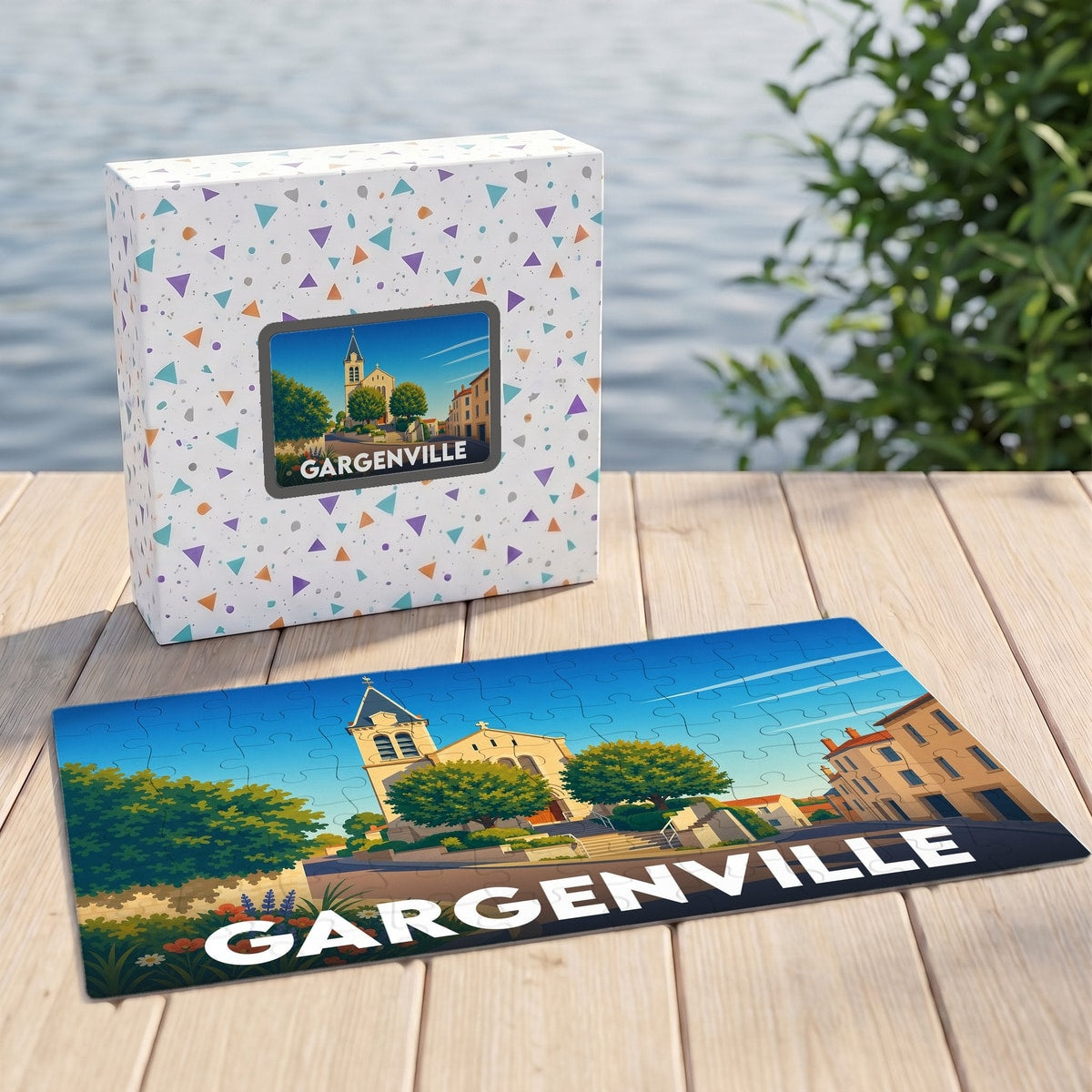 Puzzle souvenir de la ville de Gargenville avec une illustration stylisée.