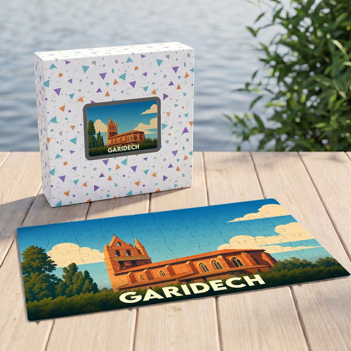 Puzzle souvenir de la ville de Garidech avec une illustration stylisée de son église.