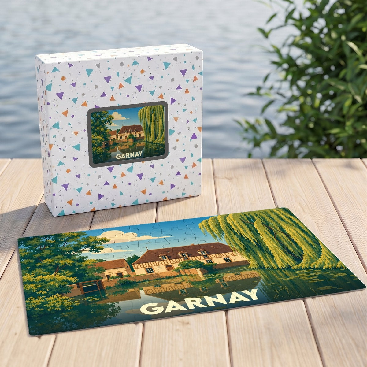 Puzzle souvenir de la ville de Garnay avec une illustration stylisée d'un paysage au bord de l'eau.