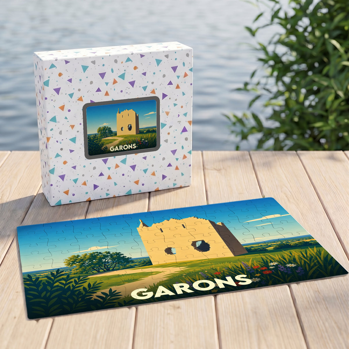 Puzzle souvenir de la ville de Garons avec une illustration stylisée d'un monument historique.