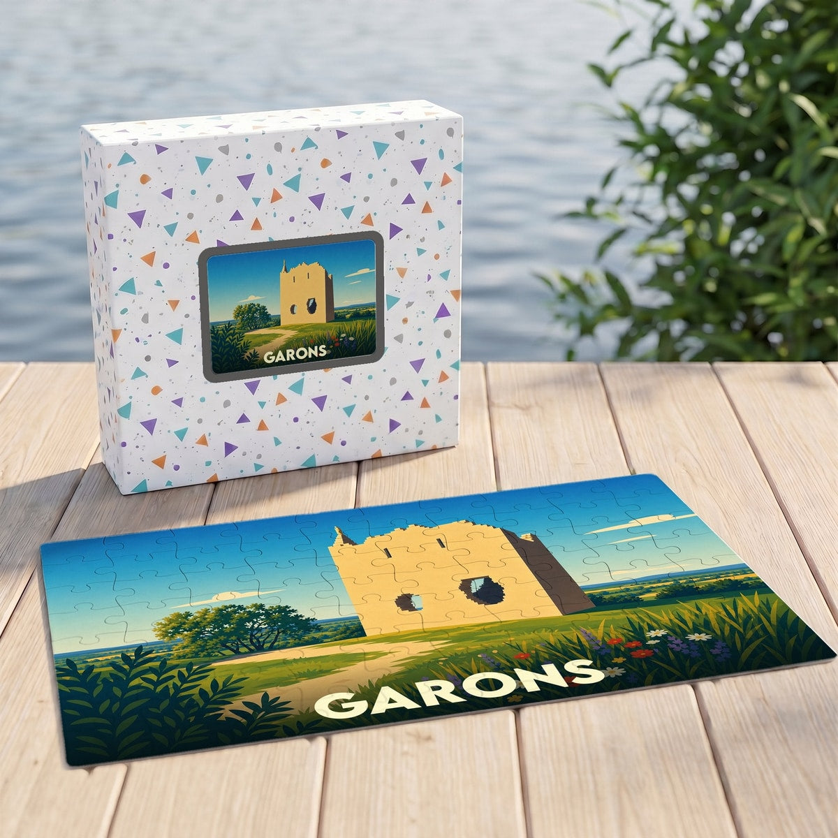 Puzzle souvenir de la ville de Garons avec une illustration stylisée d'un monument historique.